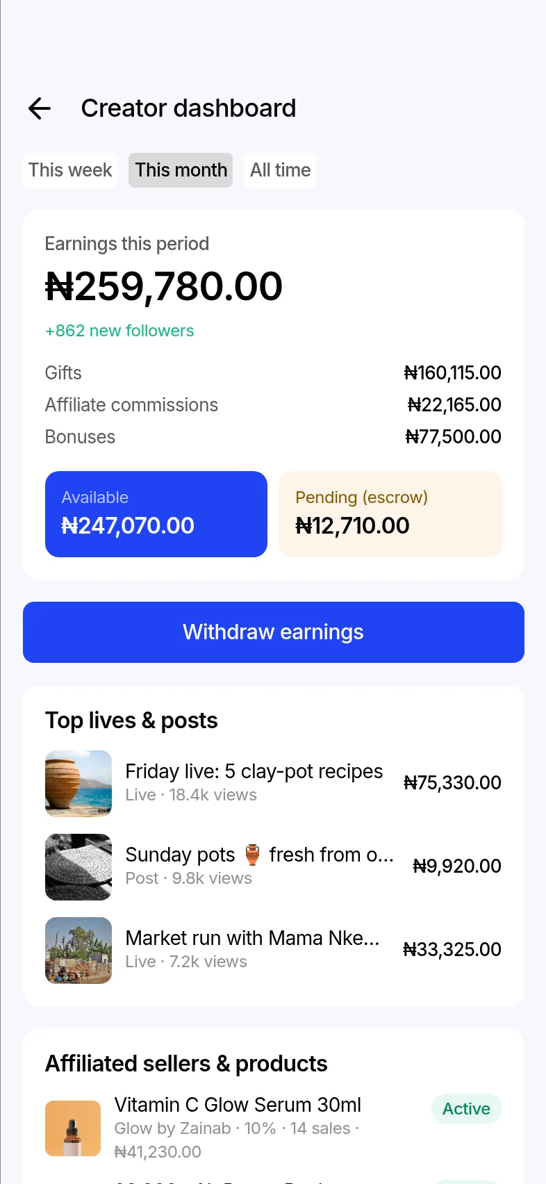 Creator dashboard with monthly earnings split into gifts, affiliate commissions and bonuses, and top lives and posts