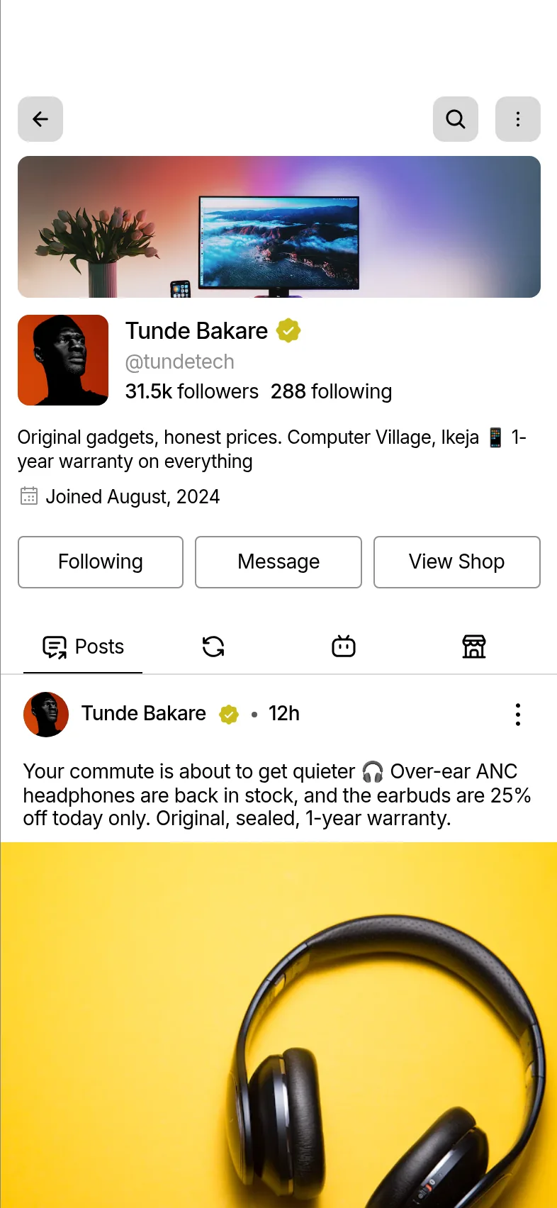 TundeTech seller profile with a gold business badge, followers and a View Shop button