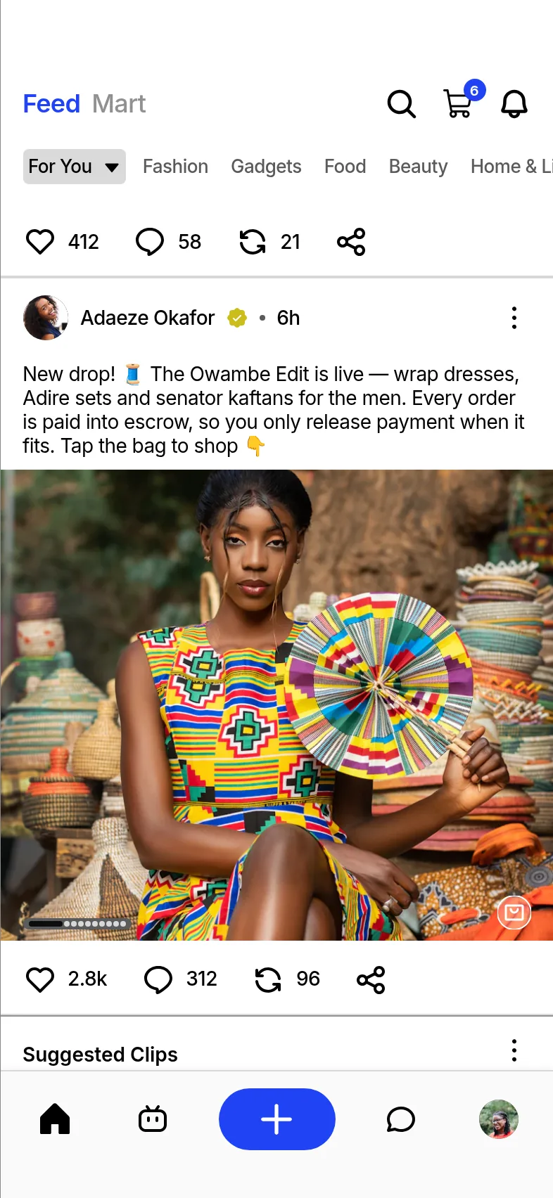 Nantty home feed showing a new Ankara collection post from Adaeze Okafor