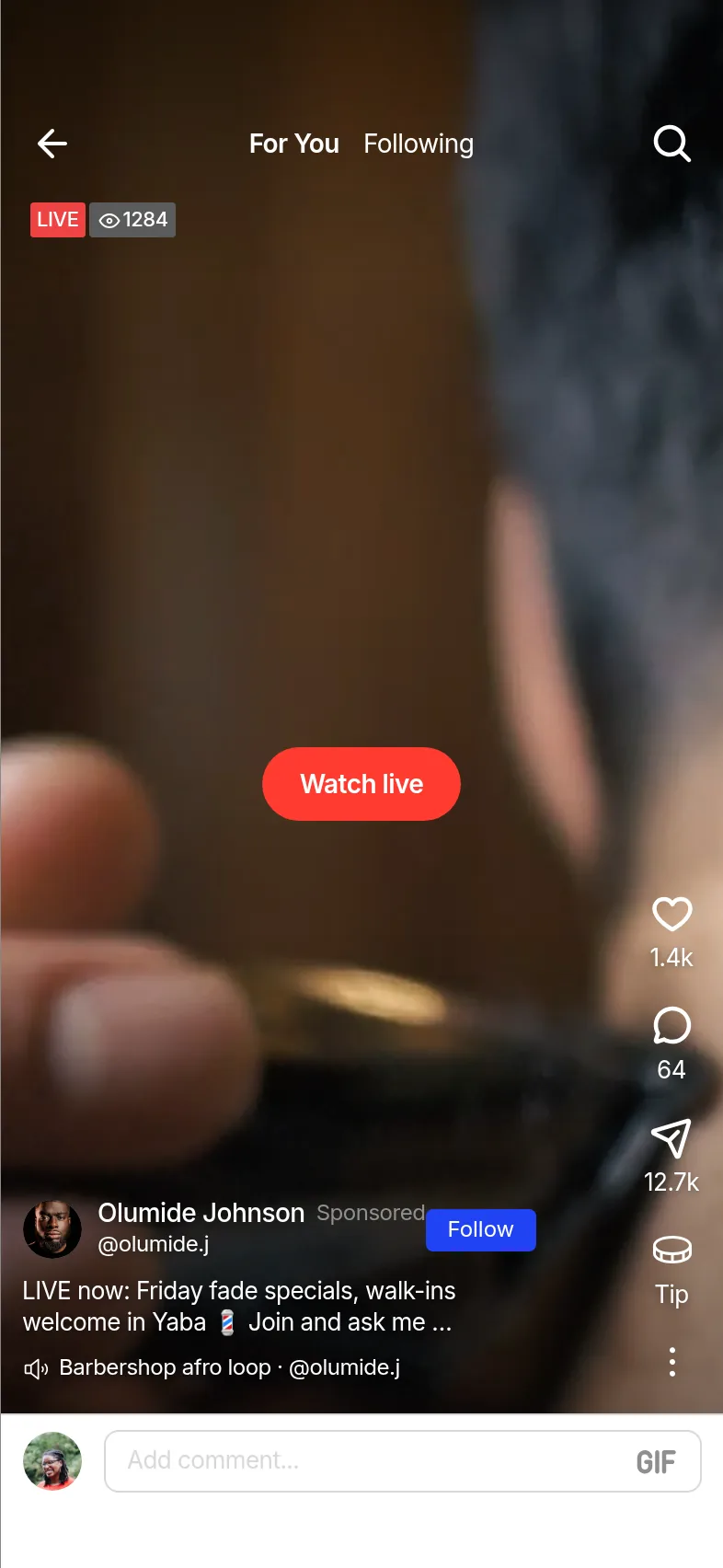 A seller's live session promoted in Clips with a Watch live button
