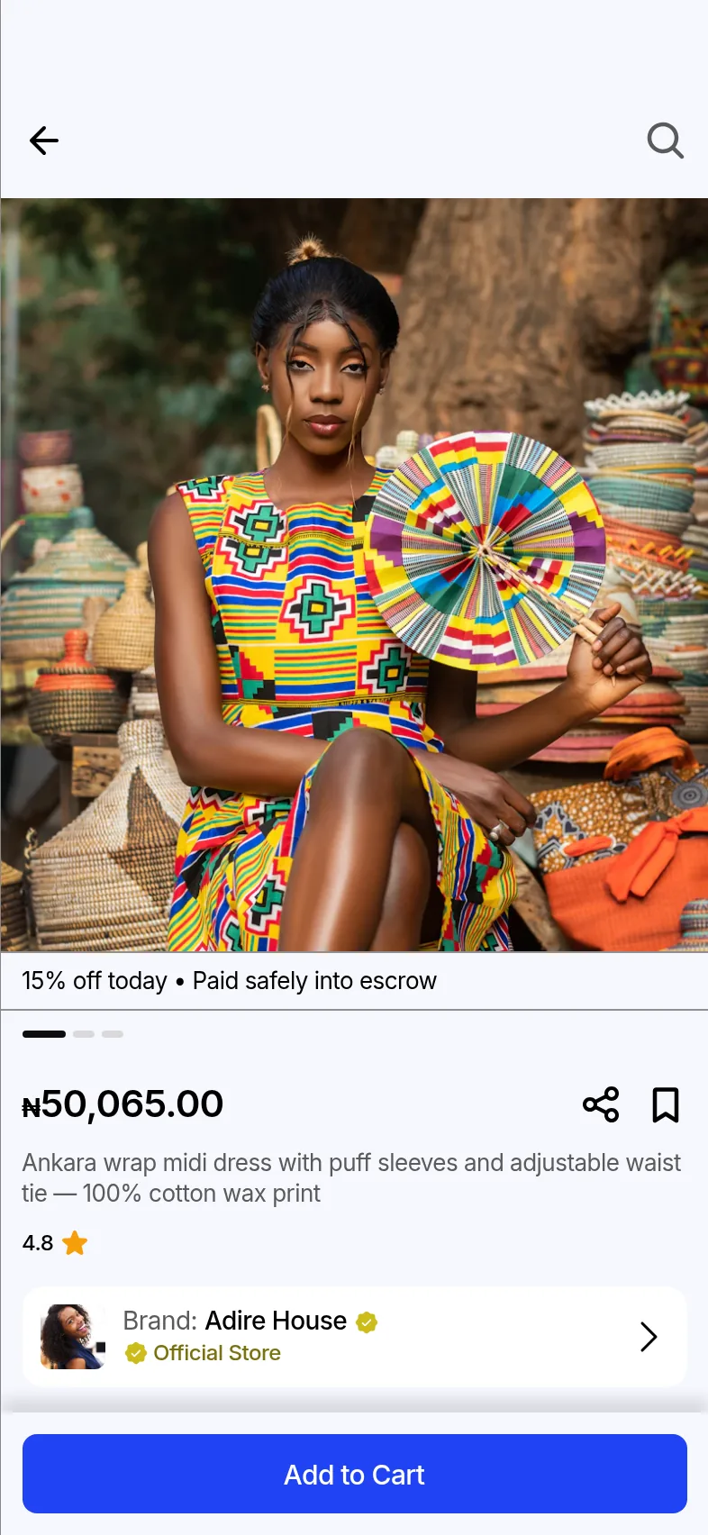 Ankara wrap midi dress product page with its naira price, official store badge and Add to Cart