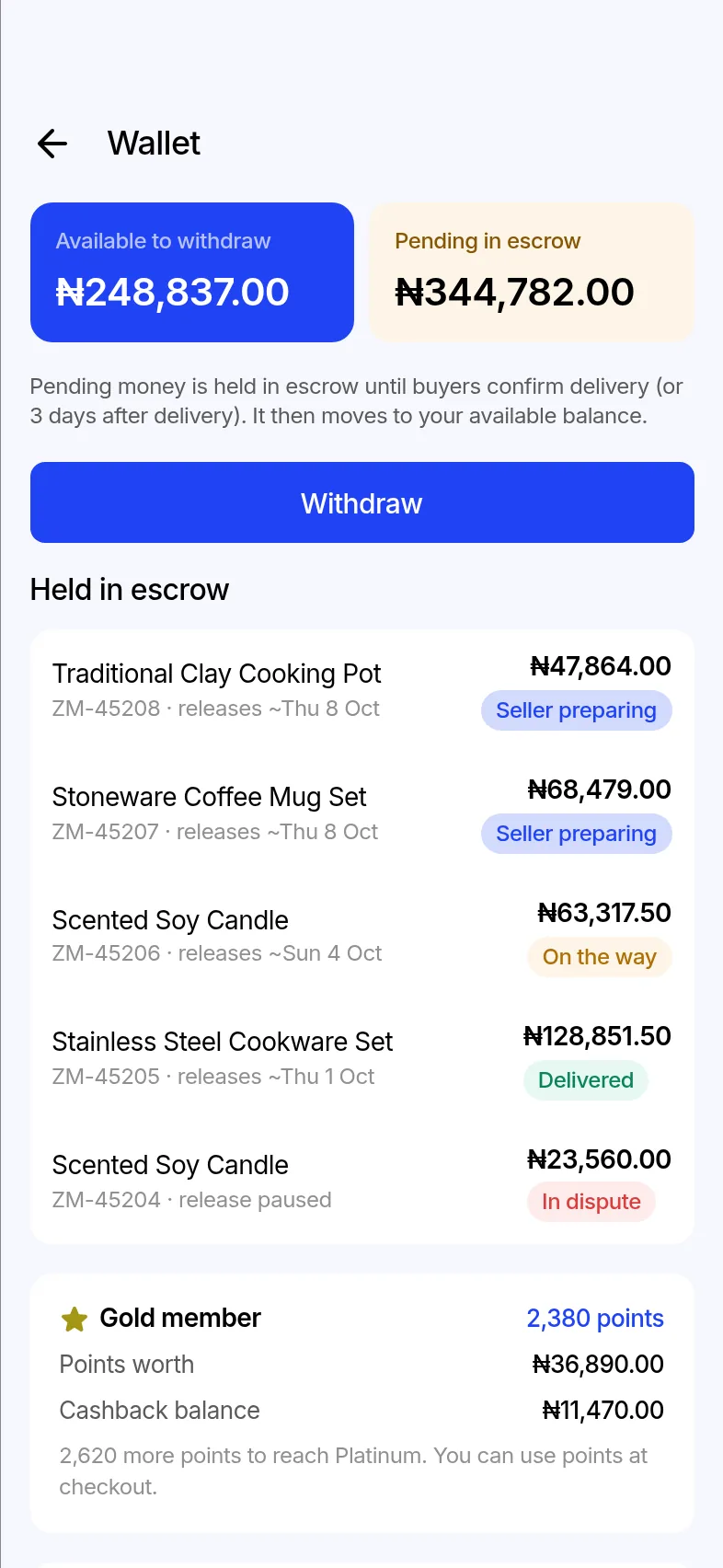 Seller wallet with the balance available to withdraw, money pending in escrow and each order's release date