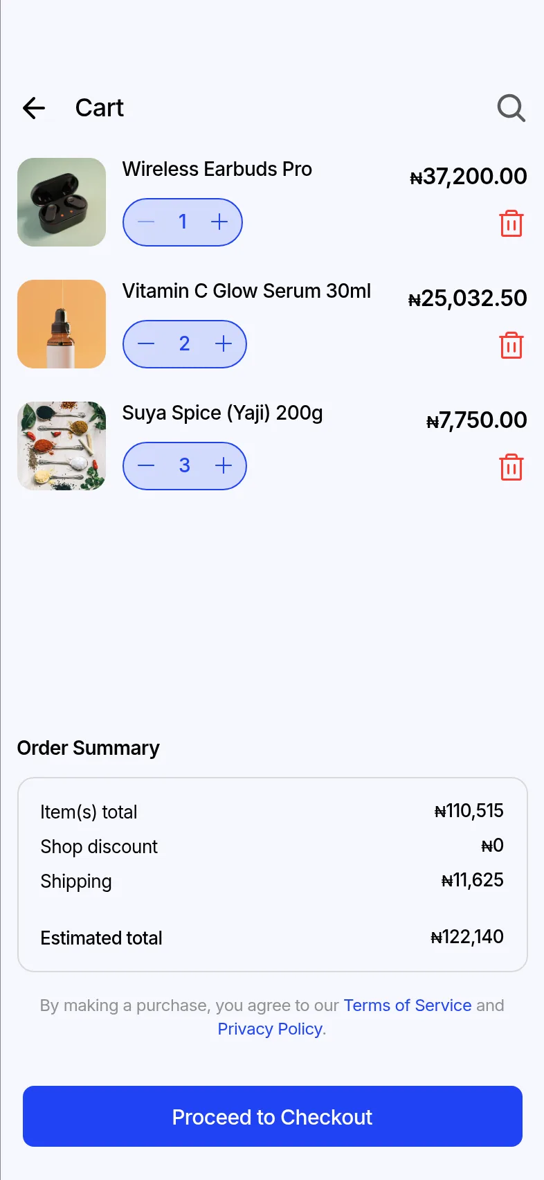 Nantty cart with earbuds, a vitamin C serum and suya spice, with the order summary